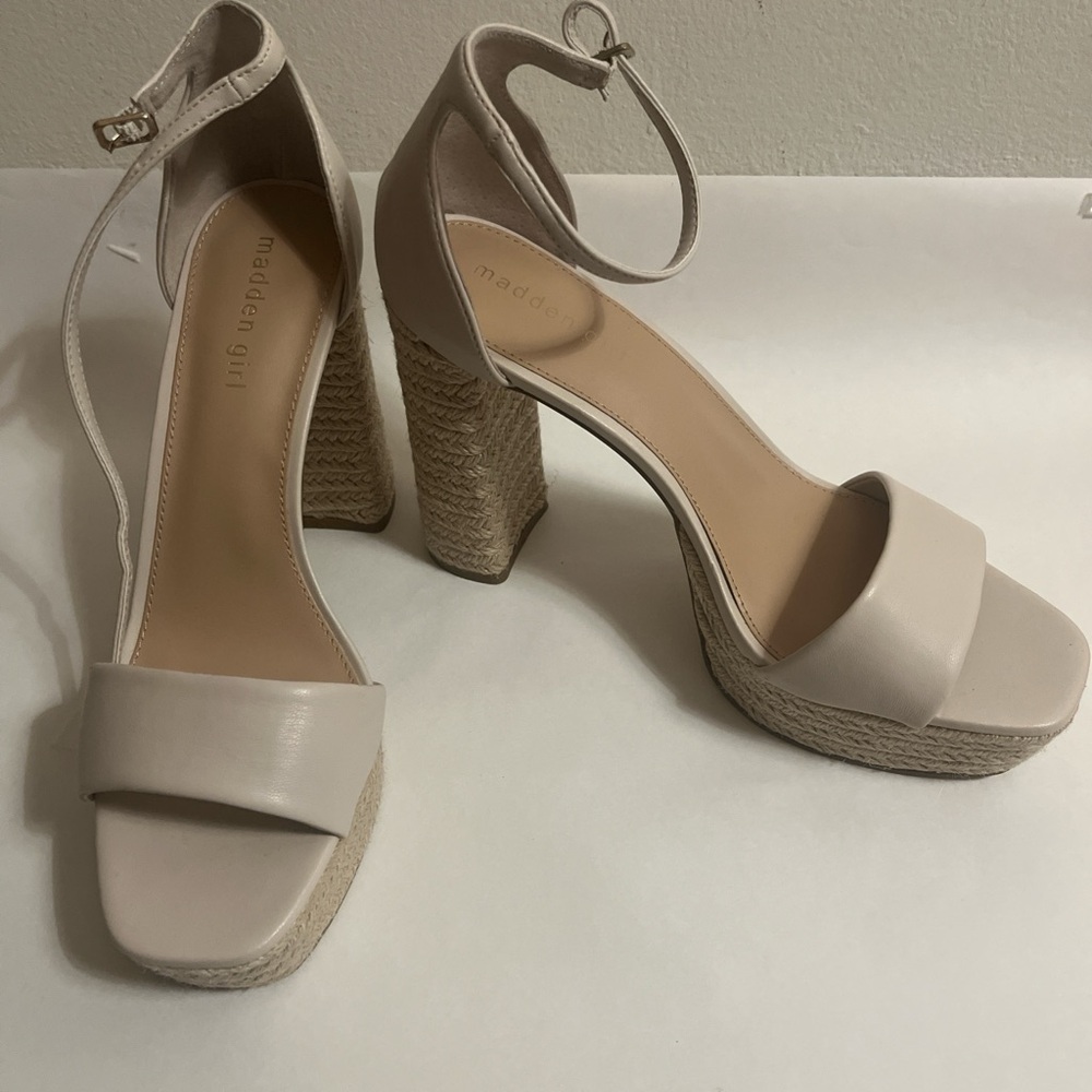 Madden Girl Cream Ankle-Strap Platform Sandals with Woven Block Heel